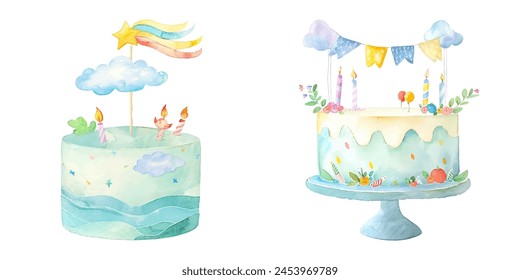 birthday cake with topper watercolor vector illustration 