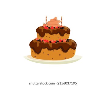 Un pastel de cumpleaños con dos velas. Ilustración vectorial.