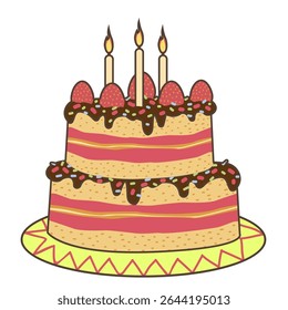 Birthday cake. Two-tier cake with strawberries and candles.