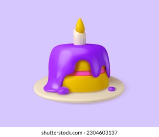 Icono de vector 3d del pastel de cumpleaños. Emoji de celebración de caricaturas aislado en un fondo morado