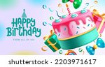Birthday cake vector background design. Happy birthday greeting text with yummy cake element decoration for kids party occasion. Vector Illustration.
