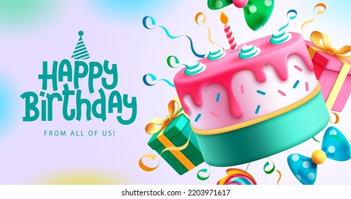 Birthday cake vector background design. Happy birthday greeting text with yummy cake element decoration for kids party occasion. Vector Illustration.
