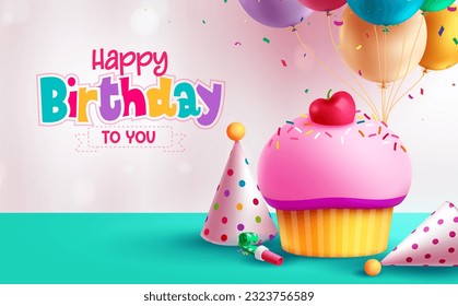 Birthday cake vector background design. Happy birthday greeting text in empty space with colorful cup cake and bunch of balloons. Vector illustration invitation dedication card. 