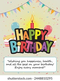 Birthday cake vector background design. Happy birthday greeting text with yummy cake element decoration for kids party occasion. Vector Illustration.