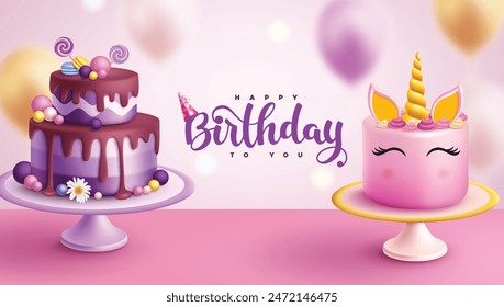 Birthday cake vector background design. Happy birthday greeting text with blueberry and strawberry cake flavors for party invitation card template. Vector illustration birthday greeting card design. 
