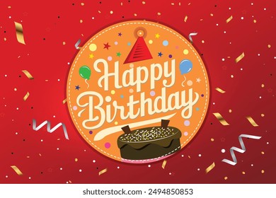 Birthday cake vector background design. Happy birthday greeting text with yummy cake element decoration for kids party occasion. Vector Illustration.