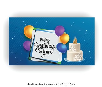 Diseño de fondo de Vector de pastel de cumpleaños. Diseño de fondo de cumpleaños feliz con globos realistas