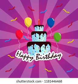 Birthday Cake Vector With Balloons And Confetti