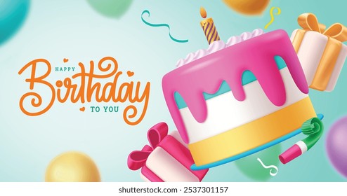 Birthday cake vector banner design. Happy birthday greeting text with colorful cake, candle, and gift box element for kids surprise party. Vector illustration greeting card poster design.
