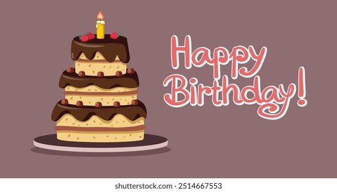
Birthday Cake Vector Cartoon Design Card. Sweet dessert for party celebration of an anniversary event 
