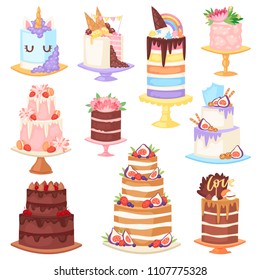 Birthday cake vector cheesecake cupcake for happy birth party baked chocolate cake and dessert from bakery set illustration isolated on white background