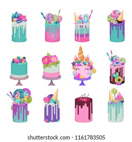 Birthday cake vector cheesecake cupcake for happy birth party sweet caked dessert from bakery set of baked cacking illustration isolated on white background