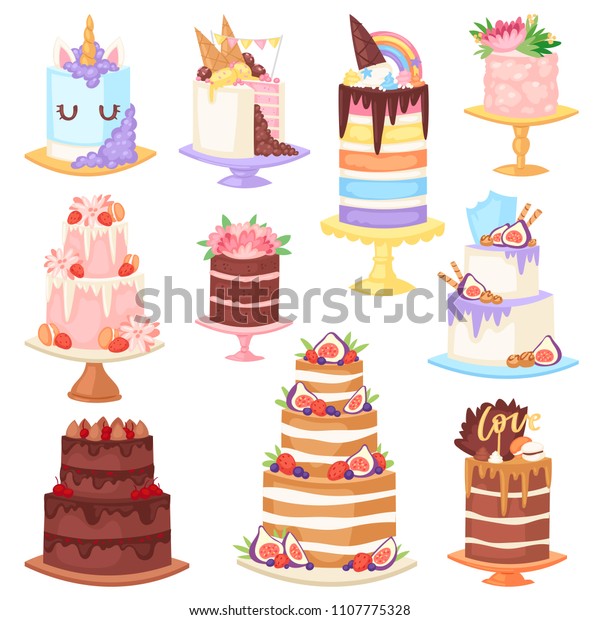 Birthday cake vector cheesecake cupcake\
for happy birth party baked chocolate cake and dessert from bakery\
set illustration isolated on white\
background