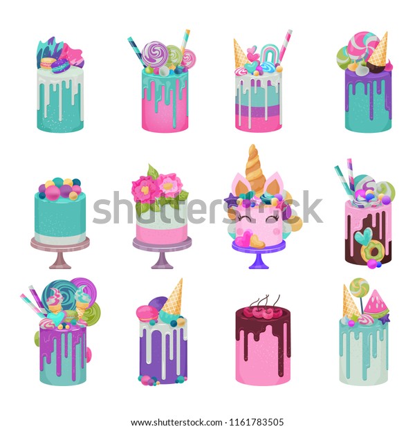 Birthday cake vector cheesecake cupcake\
for happy birth party sweet caked dessert from bakery set of baked\
cacking illustration isolated on white\
background