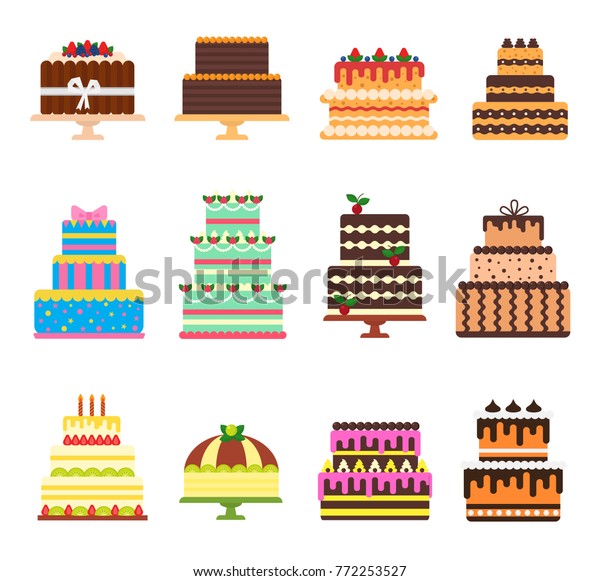 Birthday cake vector cheesecake cupcake
for happy birth party baked chocolate cake and dessert from bakery
set illustration isolated on white
background