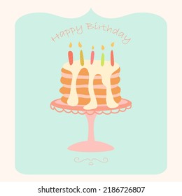 Birthday Cake Vector. Birthday Congrats Gift Card. Candles And Whipped Cream Vanilla Cake. Best Wishes.