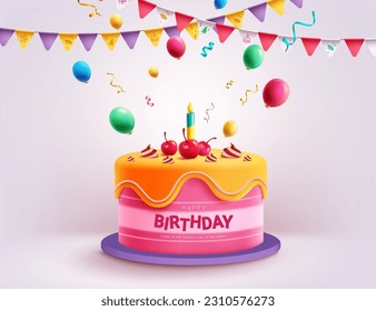 Birthday cake vector design. Happy birthday text in yummy dessert cake with colorful balloons and pennants party elements. Vector illustration invitation card concept.