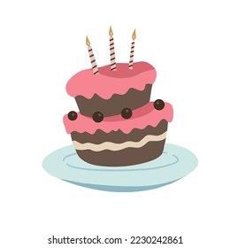 Birthday cake vector. Flat birthday cake. sweet cream pie with candles illustration. Cupcake. Delicious birthday cakes. Birthday cake vector isolated icon.