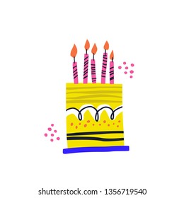 Birthday cake vector handdrawn illustration. Burning candles with lines ornament on B-day pie. Festive pastry isolated clip art for postcard. Five years anniversary celebration flat greeting card