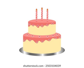 Birthday cake vector. Happy birthday sweet delicious cake with cherry and candles with silver shiny plate for celebration isolated on white color background