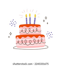 Birthday cake vector icon in a cute hand drawn doodle style.