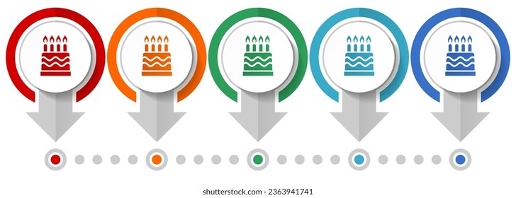 Juego de iconos de vector de pastel de cumpleaños, plantilla de infografía de diseño plano, establecer iconos de concepto de puntero en 5 opciones de color para diseño web y aplicaciones móviles