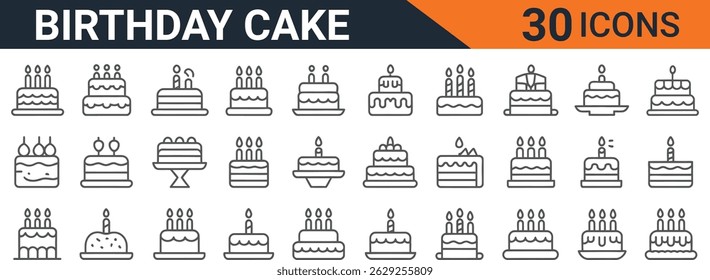 Birthday cake vector icon set with candles, icing, layers, and festive decorations for party and celebration design