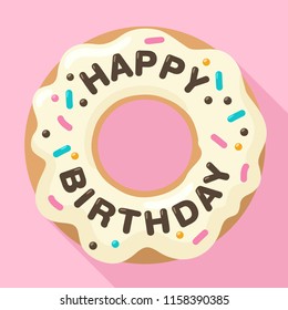 Birthday cake. Vector icon of a sweet donut in pink glaze. On the donut chocolate inscription: Happy Birthday donut clipart