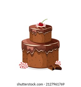 Birthday cake - vector illustration. Cake with chocolate frosting, cherry, chocolate square and sweet candies on top. Cute design element for party invitation, congratulation, birthday cards.