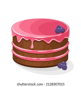 Birthday cake - vector illustration. Chocolate cake with pink frosting and blueberries on top. Sweet dessert. Cute design element for party invitation, congratulation, birthday cards.