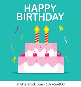 Birthday cake vector illustration on isolated background. Birthday card design with white and pink cake illustration 