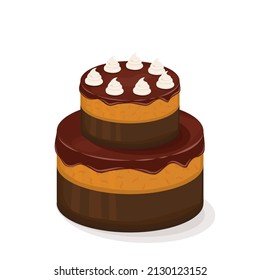 Birthday cake - vector illustration. Orange and chocoate cake with brown frosting and whipping cream on top. Cute design element for party invitation, congratulation, birthday cards.