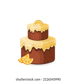 Birthday cake - vector illustration. Cake with vanilla frosting and oranges. Cute design element for party invitation, congratulation, birthday cards.