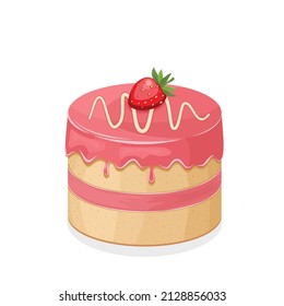 Birthday cake - vector illustration. Vanilla cake with pink cream and strawberry on top. Sweet dessert. Cute design element for party invitation, congratulation, birthday cards.