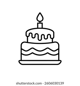 Birthday Cake Vector. Minimalist Black and White Illustration of a Festive Cake with Candle for Celebratory Design. birthday cake outline icon