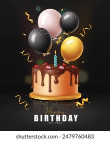 Birthday cake vector poster design. Happy birthday greeting text with chocolate cake, balloons and confetti decoration elements in black background. Vector illustration invitation card poster. 
