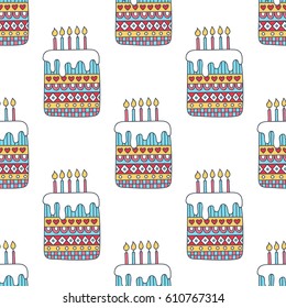 Birthday cake. Vector seamless pattern with hand drawn party cakes. Doodle colorful holiday elements on white background. 