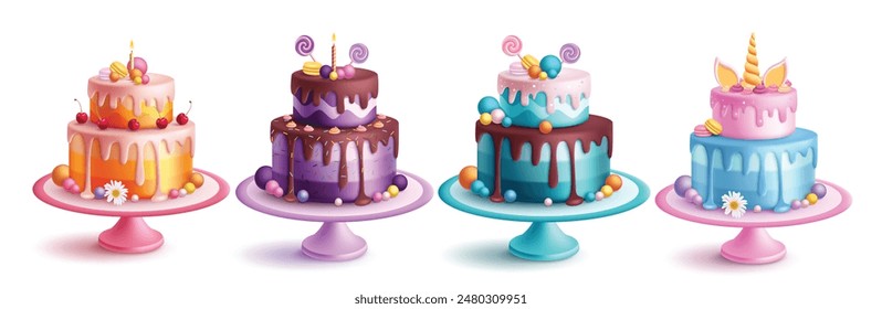 Birthday cake vector set design. Birthday cakes sweets collection in cheese, blueberry and strawberry flavors with two layers cute decoration. Vector illustration cake set design. 
