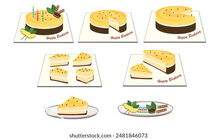 Birthday cake vector set. Half and slice of cake vector. Passion fruit flavor. Sweet food and dessert clipart. Birthday party element. Flat vector in cartoon style isolated on white background.