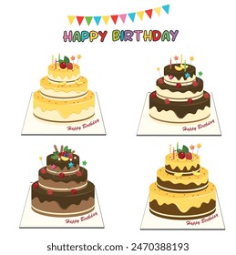 Birthday cake vector set. Birthday party element. Flat vector in cartoon style isolated on white background.