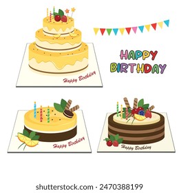 Birthday cake vector set. Birthday party element. Flat vector in cartoon style isolated on white background.