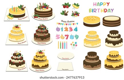 Birthday cake vector set. Birthday party element. Flat vector in cartoon style isolated on white background.