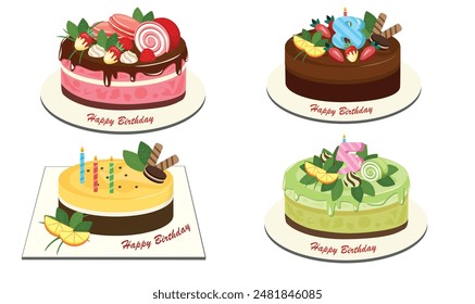 Birthday cake vector set. Birthday party element. Flat vector in cartoon style isolated on white background.