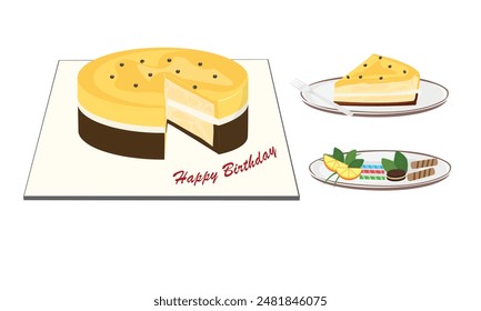 Juego de Vector de pastel de cumpleaños. Rebanada de Vector de torta. Sabor a fruta de la pasión. Clipart de comida dulce y postre. Elemento de fiesta de cumpleaños. Vector plano en estilo de dibujos animados aislado sobre fondo blanco.