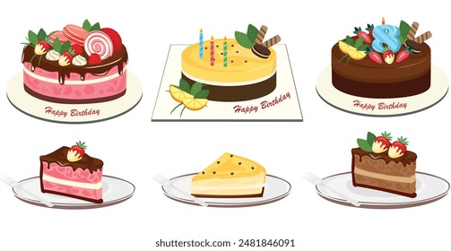 Birthday cake vector set. Slice of cake vector. Sweet food and dessert clipart. Birthday party element. Flat vector in cartoon style isolated on white background.