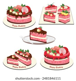 Birthday cake vector set. Slice of cake vector. Strawberry flavor. Sweet food and dessert clipart. Birthday party element. Flat vector in cartoon style isolated on white background.