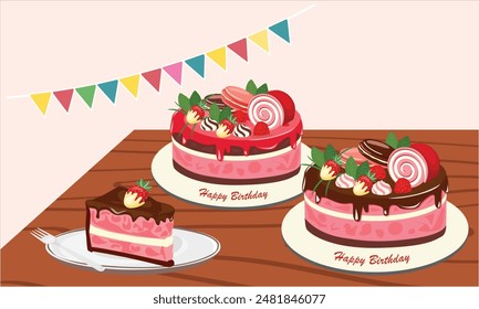 Birthday cake vector and slice of cake vector on wood table. Strawberry flavor. Sweet food and dessert clipart. Birthday party element. Flat vector in cartoon style isolated on white background.