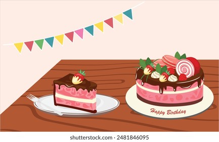 Birthday cake vector and slice of cake vector on wood table. Strawberry flavor. Sweet food and dessert clipart. Birthday party element. Flat vector in cartoon style isolated on white background.