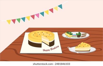 Birthday cake vector and slice of cake vector on wood table. Passion fruit flavor. Sweet food and dessert clipart. Birthday party element. Flat vector in cartoon style isolated on white background.