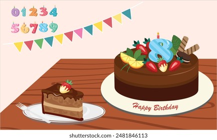 Vector de torta de cumpleaños y rebanada de Vector de torta en mesa de madera. Sabor chocolate. Clipart de comida dulce y postre. Elemento de fiesta de cumpleaños. Vector plano en estilo de dibujos animados aislado sobre fondo blanco.